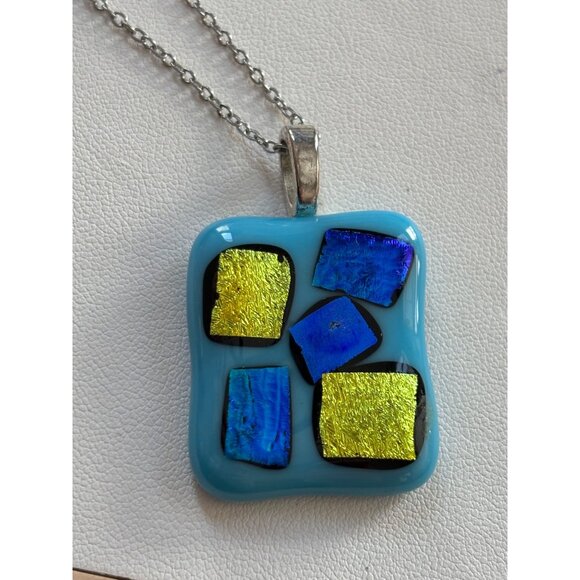 Colorful Dichroic Glass Pendant Necklace With Silver Chain - Picture 2 of 12